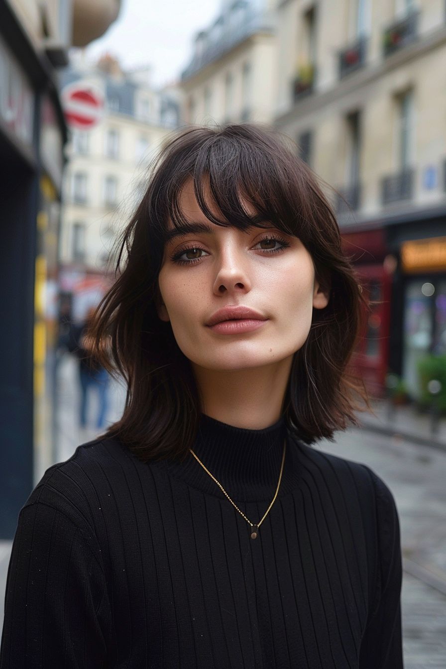 French Haircuts bob brunette french woman with dark brown bob haircut with bangs