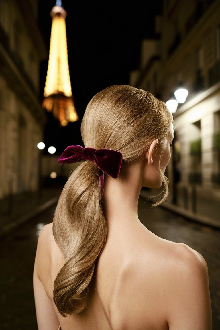 French evening hair style sleek, low ponytail adorned with a velvet ribbon