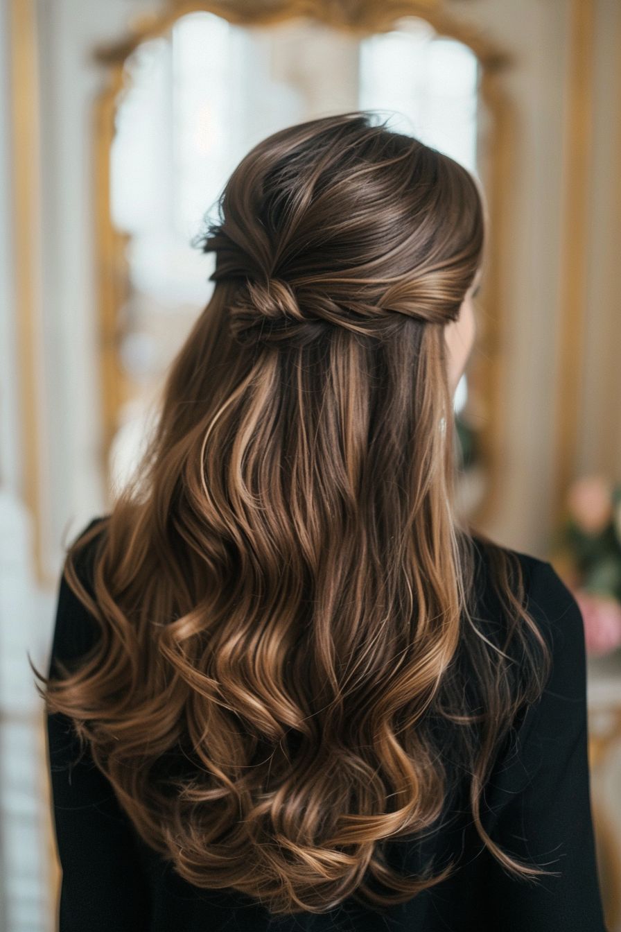 French evening hairstyle Romantic loose waves cascading down the back, with a subtle side part