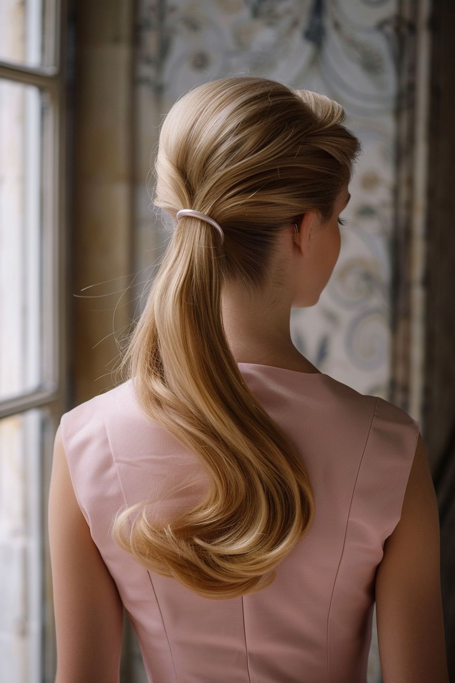 French evening hairstyle back view of blonde hair 60s style high pony tail