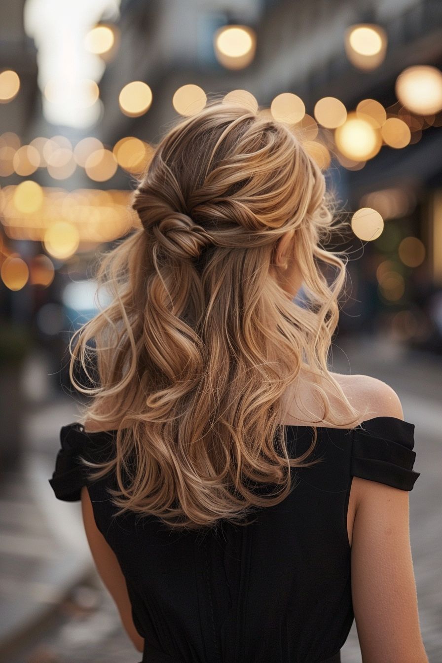 French evening hairstyle back view of blonde hair Side Swept Curls