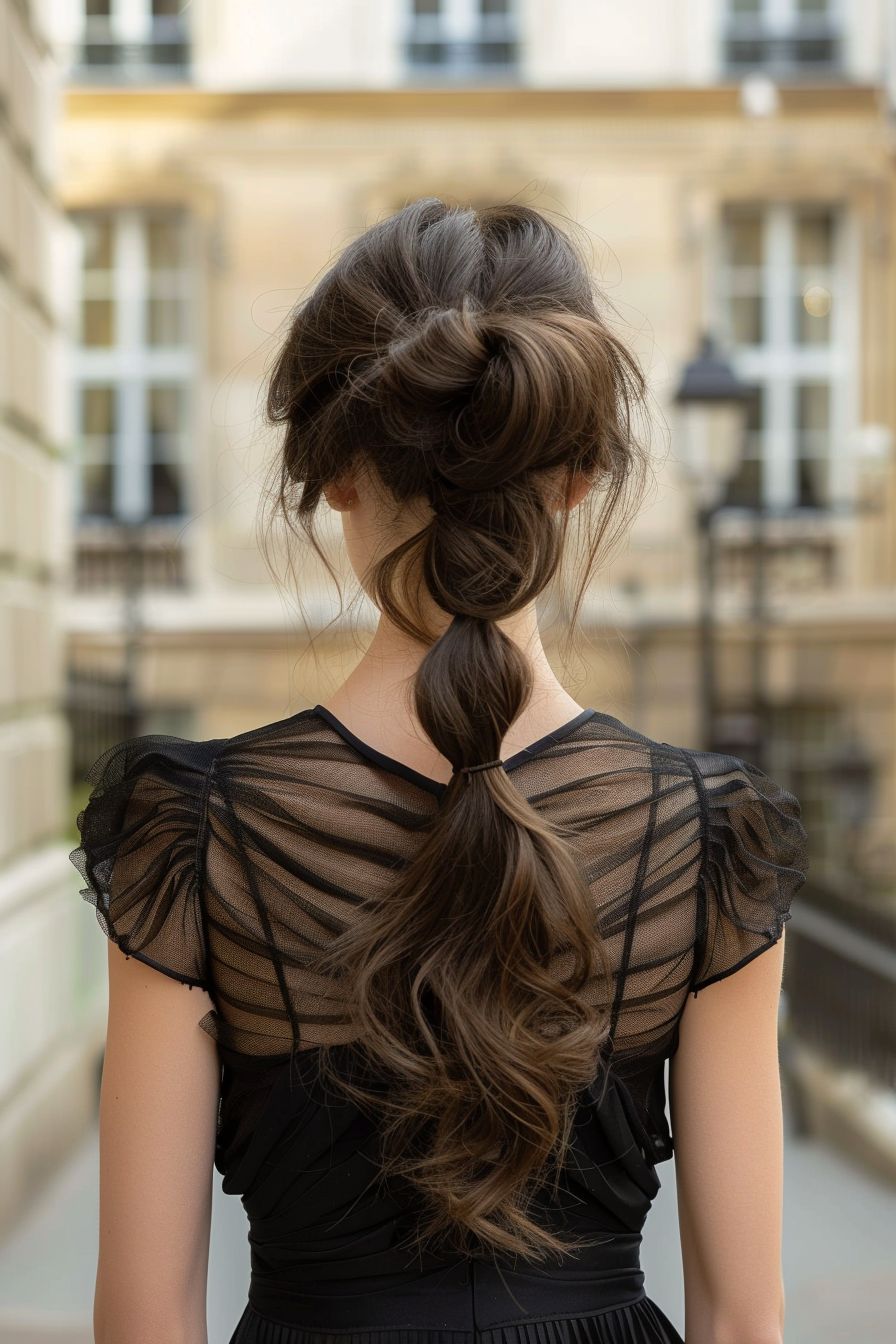 French evening hairstyle back view of high ponytail with a voluminous, fluffy texture