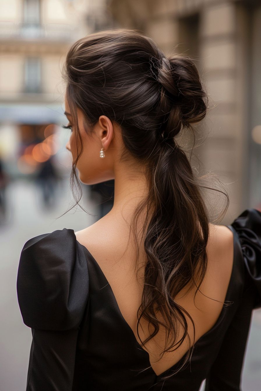 French evening hairstyle back view of high ponytail with a voluminous texture