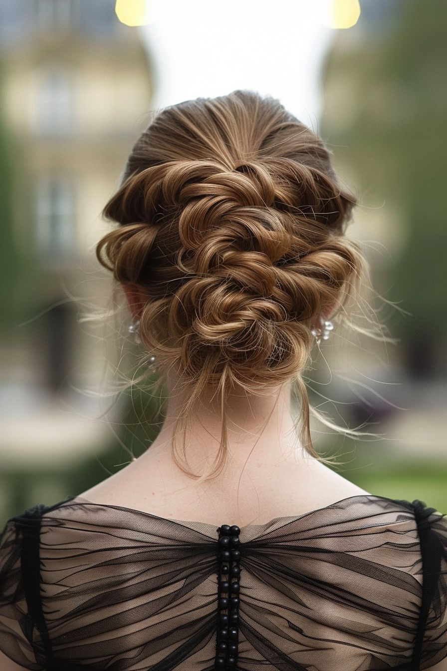 French evening hairstyle back view of twisted updo, with sections of hair wrapped and pinned in a spiral pattern