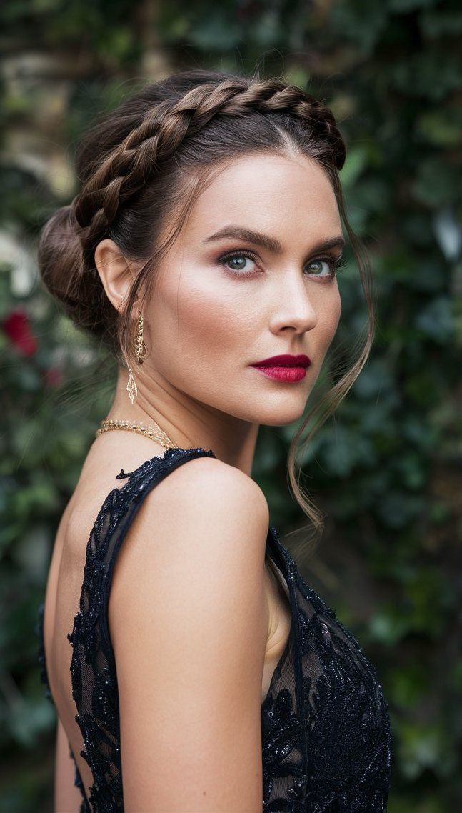 French evening hairstyle brown hair braided crown, with twists and turns that wrap around the head like a halo