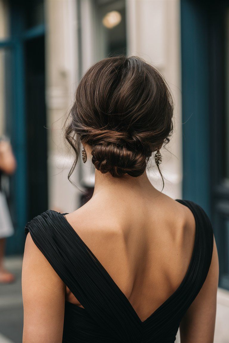 French evening hairstyle chignon, with a twisted bun at the nape of the neck