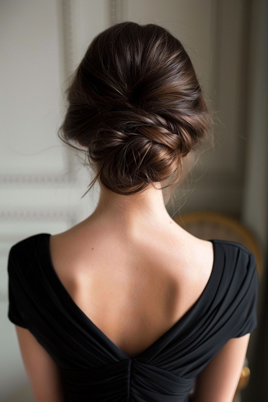 French evening hairstyle dark brown hair chic chignon, with a twisted bun at the nape of the neck