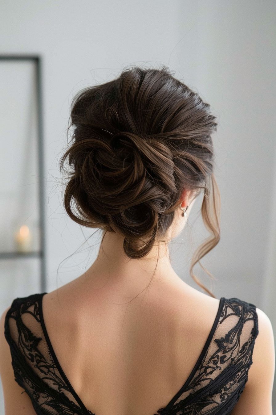 French evening hairstyle loose strands dark brown hair chic chignon, with a twisted bun at the nape of the neck