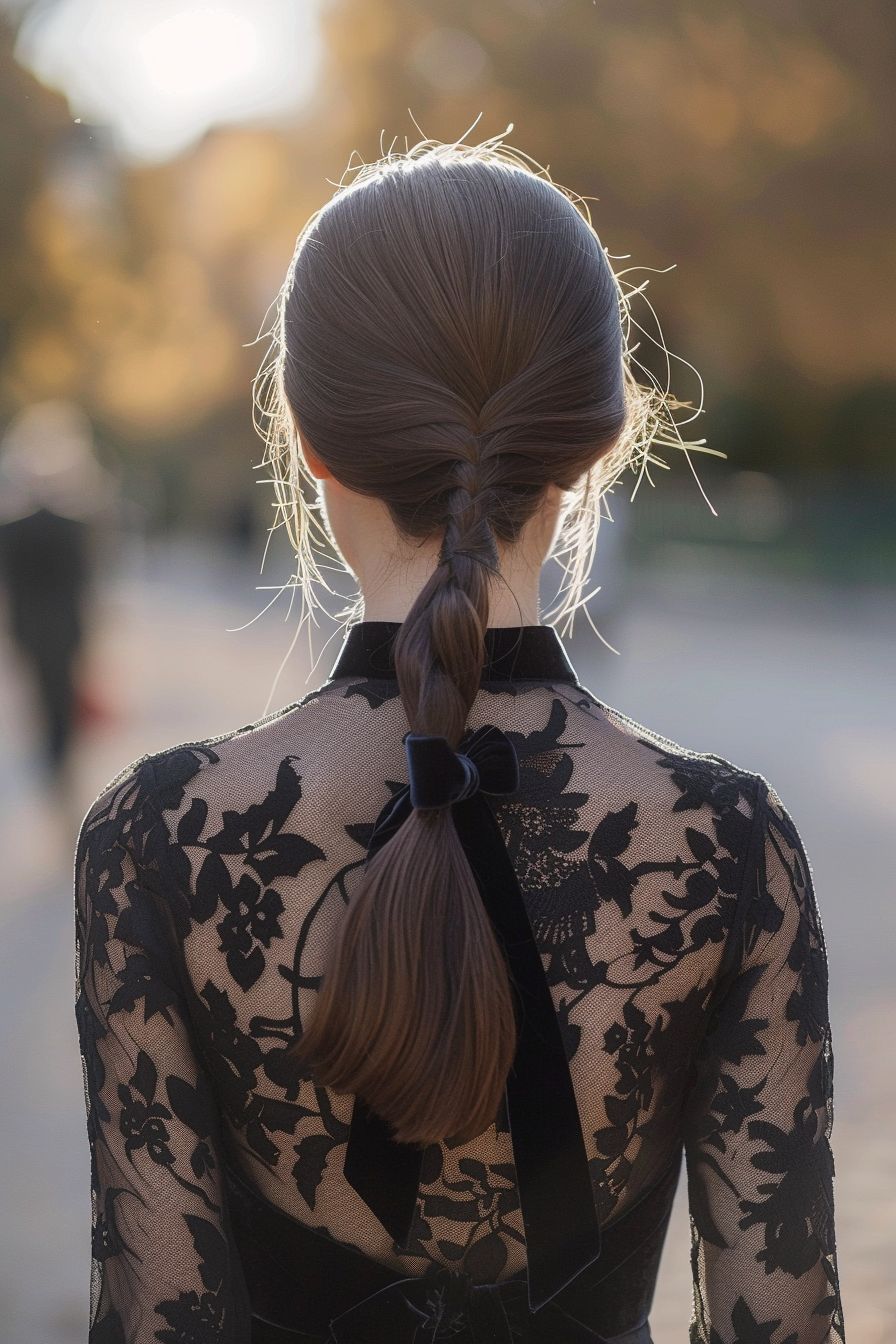 French evening hairstyle sleek, low ponytail adorned with a velvet ribbon, perfect for a night out, in paris france