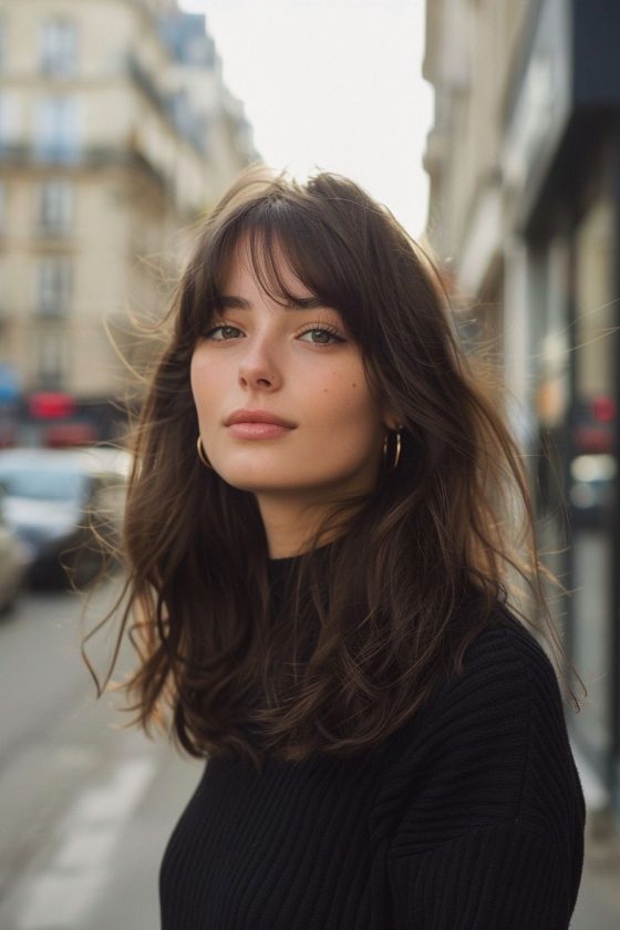 French girl Haircuts medium brunette french woman with layered hair and bangs outside on a Parisian street