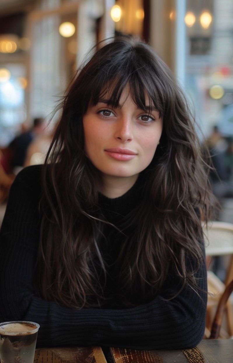 Haircuts long with bangs french woman cafe