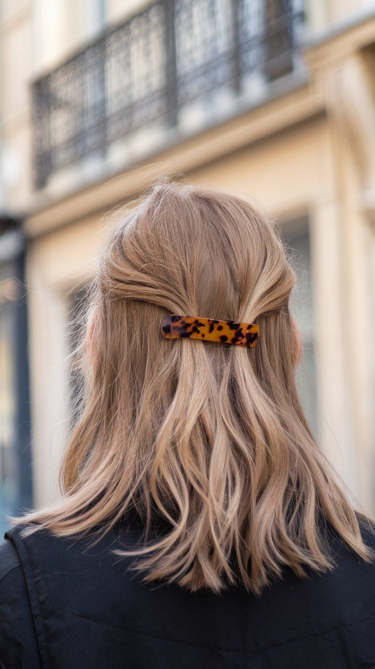 French girl hairstyle with one tortoise barette