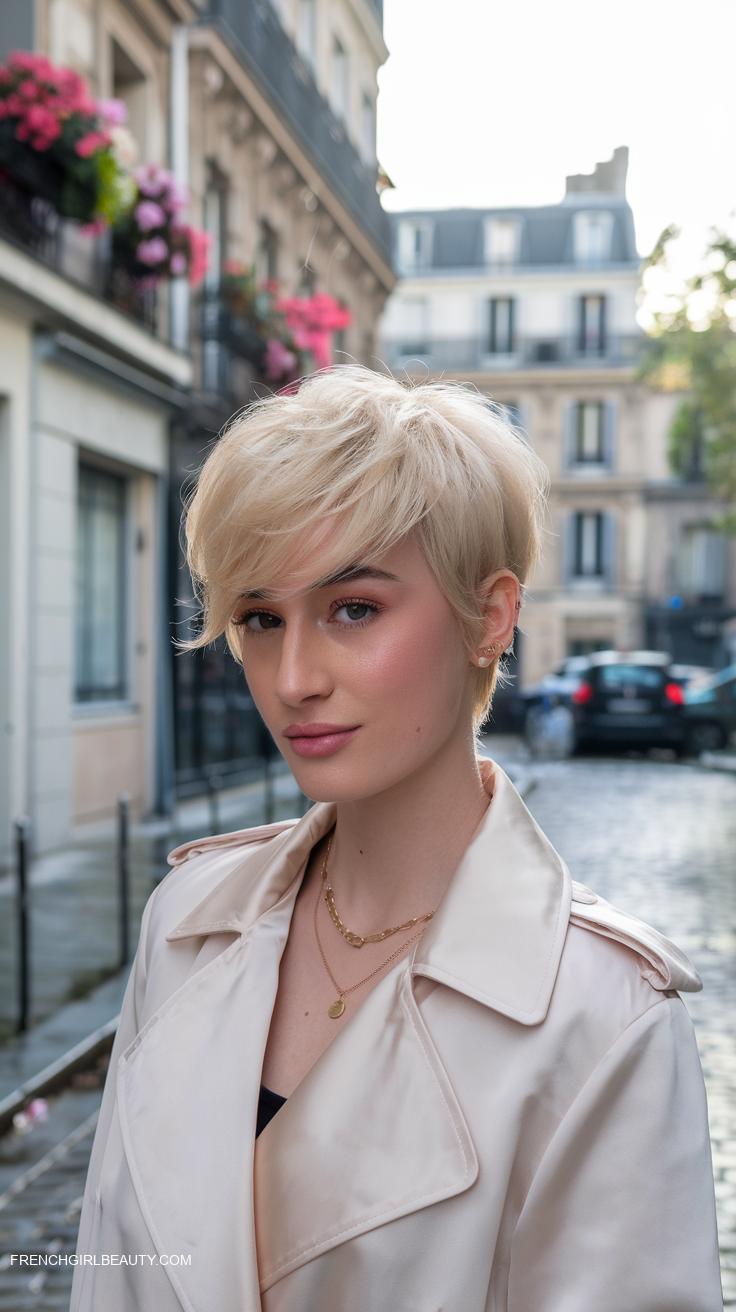 pixie cuts Softly layered pixie with cream blonde tone